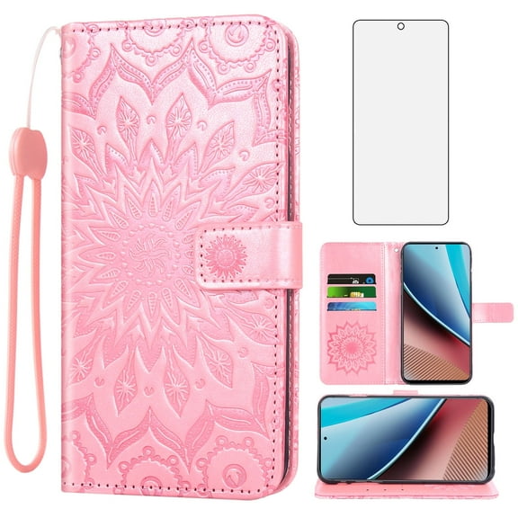 Asuwish Compatible with Motorola Moto G Stylus 4G 2023 Wallet Phone Case and Tempered Glass Screen Protector Flip Credit Card Holder Stand Mandala Flower Cell Cover for GStylus XT2317-1 XT2317-2 Pink