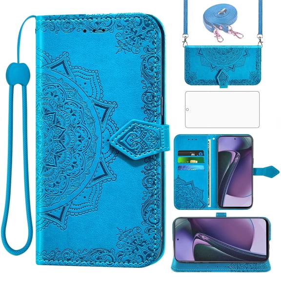 Asuwish Screen Protector Included Mandala Flower Hard Shell Wallet Cell Phone Case with Tempered Glass Screen Protector for Motorola Moto G Stylus 5G 2023, Blue