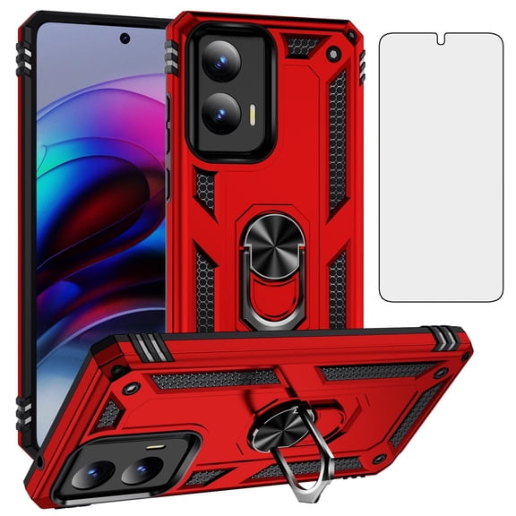 Asuwish Compatible with Motorola Moto G Stylus 5G 2024 Phone Case Tempered Glass Screen Protector Slim Magnetic Ring Holder Stand Hybrid Protective Cell Cover for G5 Women Men Red