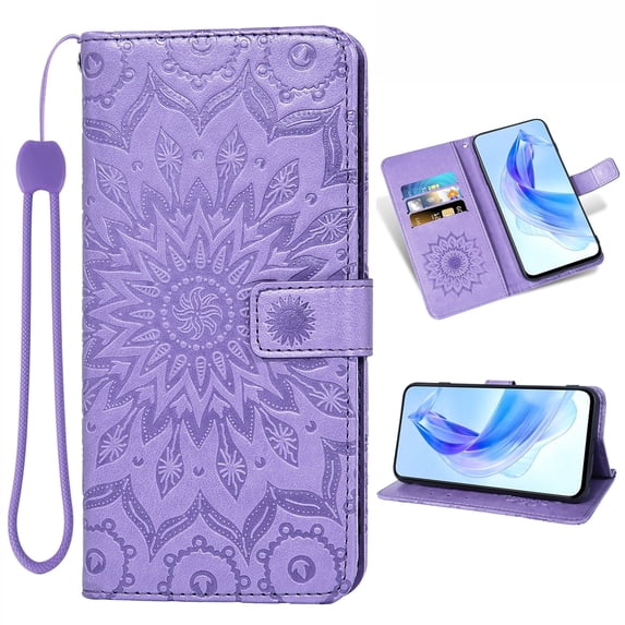 Asuwish Compatible with Motorola Moto G Stylus 5G 2024 Wallet Phone Case and Tempered Glass Screen Protector Flip Credit Card Holder Stand Mandala Flower Cell Cover Wrist Strap for Women Men Purple