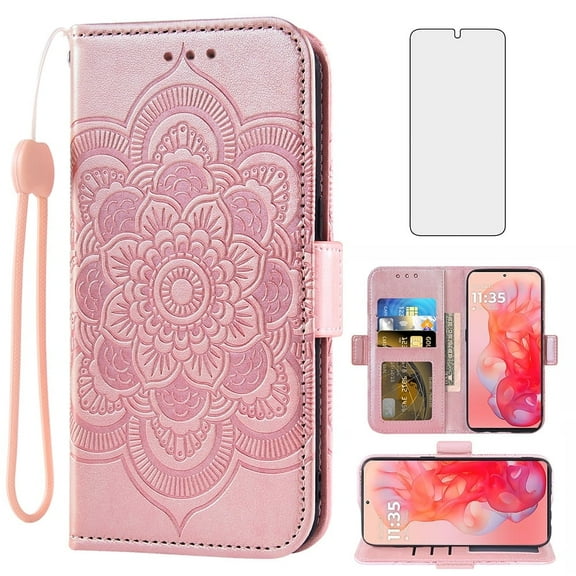 Asuwish Compatible with Motorola Moto G Stylus 5G 2024 Wallet Phone Case and Tempered Glass Screen Protector Flip Credit Card Holder Stand Mandala Flower Cell Cover Wrist Strap for G5 Women Men Pink