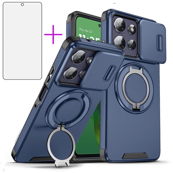 Asuwish Compatible with Motorola Moto G Stylus 5G 2025 Phone Case Slide Camera Cover Tempered Glass Screen Protector Stand Ring Holder Rugged Slim Cell for G5 Women Men Blue