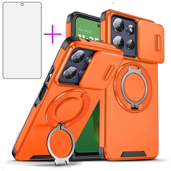 Asuwish Compatible with Motorola Moto G Stylus 5G 2025 Phone Case Slide Camera Cover Tempered Glass Screen Protector Stand Ring Holder Rugged Slim Cell for G5 Women Men Orange