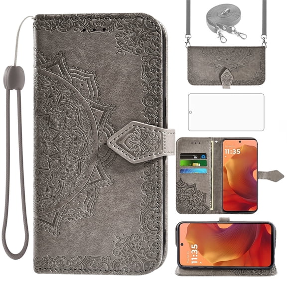 Asuwish Screen Protector Included Mandala Flower Hard Shell Wallet Cell Phone Case with Tempered Glass Screen Protector for Motorola Moto G15, Gray