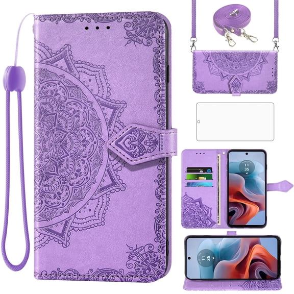 Asuwish Screen Protector Included Mandala Flower Hard Shell Wallet Cell Phone Case with Tempered Glass Screen Protector for Motorola Moto G34, Purple