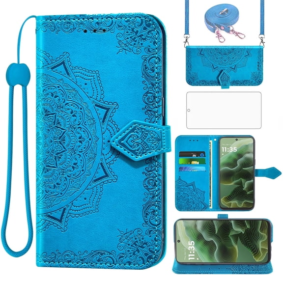 Asuwish Screen Protector Included Mandala Flower Hard Shell Wallet Cell Phone Case with Tempered Glass Screen Protector for Motorola Moto G35, Blue