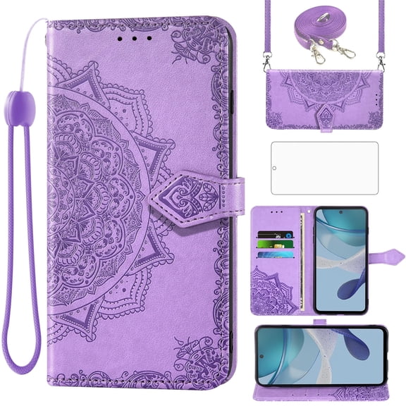 Asuwish Screen Protector Included Mandala Flower Hard Shell Wallet Cell Phone Case with Tempered Glass Screen Protector for Motorola Moto G53 5G, Purple