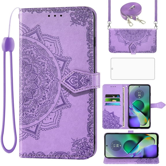 Asuwish Phone Case for Motorola Moto G54 5G Wallet Faux PU Cell Cover with Tempered Glass Screen Protector Flip Lanyard Wrist Strap Credit Card Holder Stand Mandala Flower G 54 2023 Women Men Purple