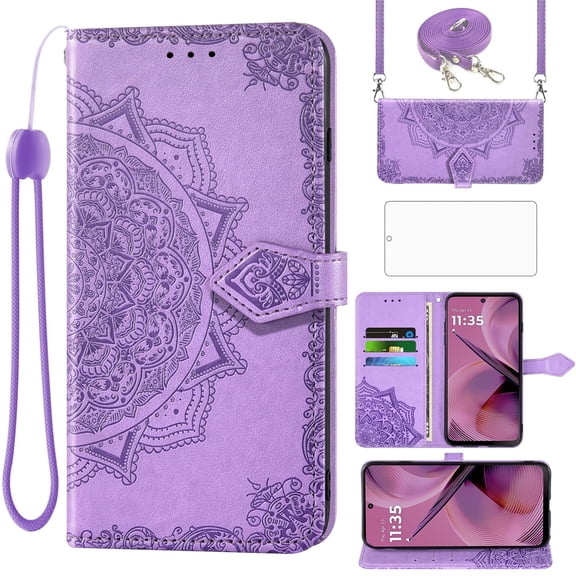 Asuwish Screen Protector Included Mandala Flower Hard Shell Wallet Cell Phone Case with Tempered Glass Screen Protector for Motorola Moto G55 5G, Purple