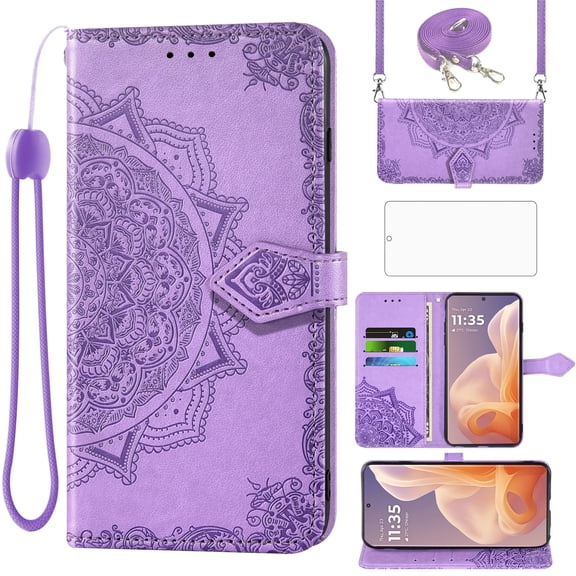 Asuwish Screen Protector Included Mandala Flower Hard Shell Wallet Cell Phone Case with Tempered Glass Screen Protector for Motorola Moto G85, Purple