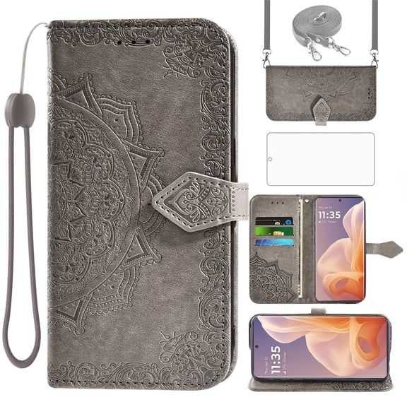 Asuwish Screen Protector Included Mandala Flower Hard Shell Wallet Cell Phone Case with Tempered Glass Screen Protector for Motorola Moto G85, Gray