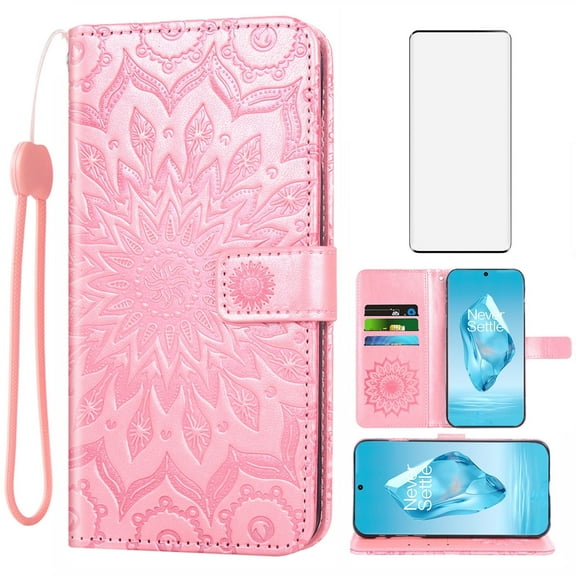 Asuwish Compatible with OnePlus 12R 5G/Ace 3 2024 Wallet Phone Case and Tempered Glass Screen Protector Flip Credit Card Holder Stand Mandala Flower Cell Cover for One+ 12 R R12 Ace3 Women Men Pink