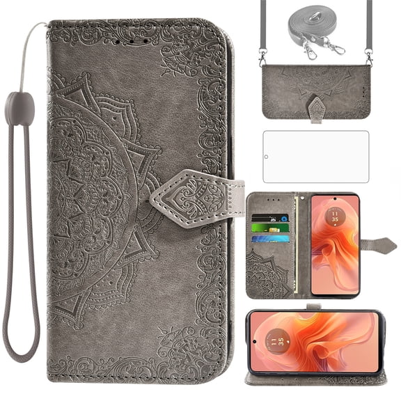 Asuwish Phone Case for Motorola Moto G04/G04s/G24/E14 4G Wallet Cell Cover with Tempered Glass Screen Protector Flip Lanyard Wrist Strap Credit Card Holder Mandala Flower GO4 G 04 04s 24 E 14 Grey