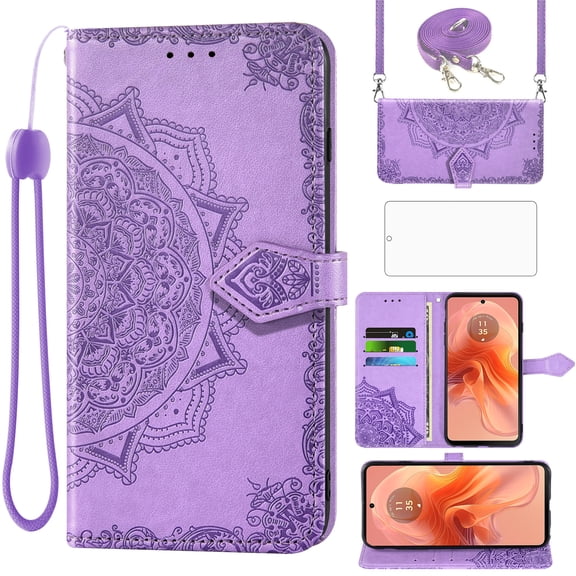 Asuwish Phone Case for Motorola Moto G04/G04s/G24/E14 4G Wallet Cell Cover with Tempered Glass Screen Protector Flip Lanyard Wrist Strap Credit Card Holder Mandala Flower GO4 G 04 04s 24 E 14 Purple