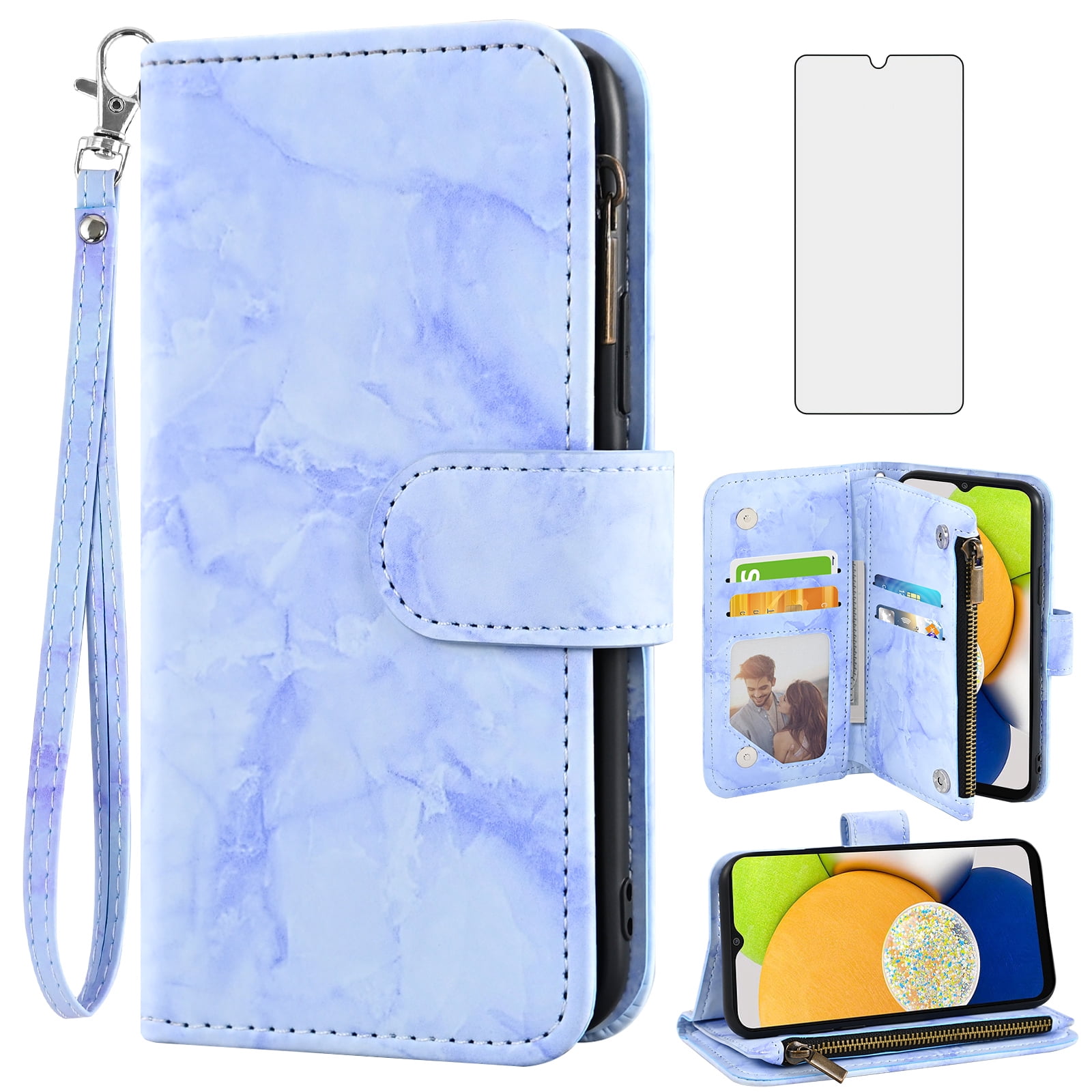 Asuwish Compatible with Samsung Galaxy A03 Wallet Phone Case and Tempered Glass Screen Protector Marble Faux Leather Flip Credit Card Holder Stand Zipper Slot Cell Cover for A 03 03A Ao3 Women Blue