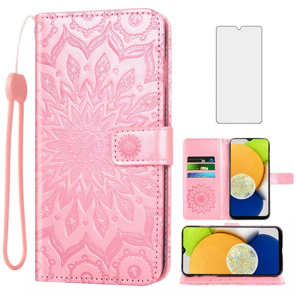 Asuwish Compatible with Samsung Galaxy A03 Wallet Phone Case and Tempered Glass Screen Protector Flip Credit Card Holder Stand Mandala Flower Cell Cover for A 03 03A Ao3 Women Men Pink