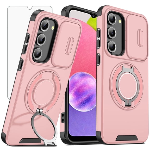 Asuwish Compatible with Samsung Galaxy A03s US Version 5G 2022 Phone Case Slide Camera Cover Tempered Glass Screen Protector Stand Ring Holder Rugged Slim Cell for Ao3s A 03s SM-A037U Women Men Pink