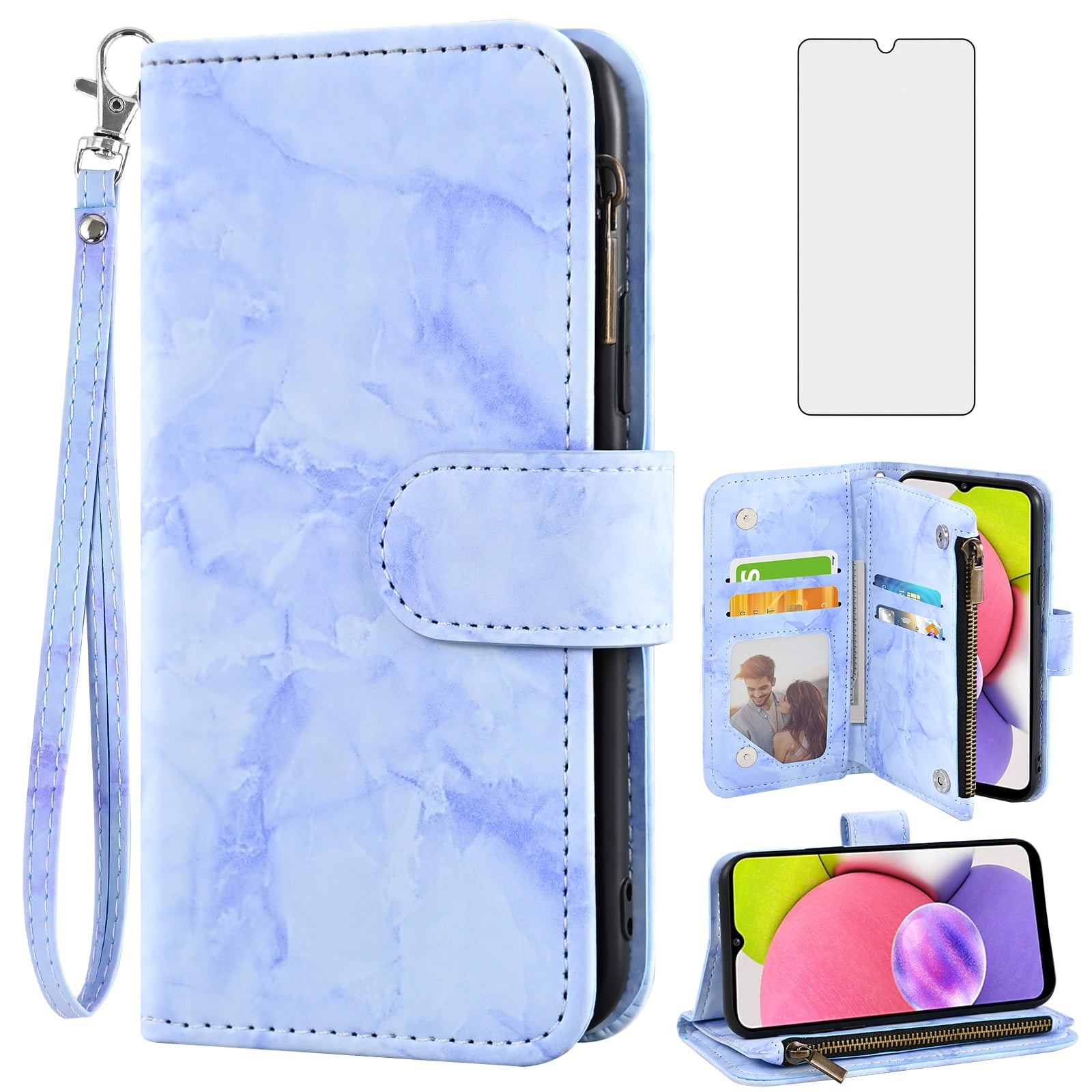 Asuwish Compatible with Samsung Galaxy A03s US Version 5G 2022 Wallet Phone Case and Tempered Glass Screen Protector Marble Flip Credit Card Holder Cell Cover for Ao3s A 03s SM-A037U SM A037U Blue