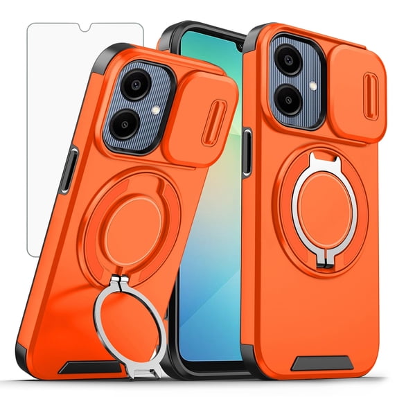 Asuwish Compatible with Samsung Galaxy A05 Phone Case Slide Camera Cover Tempered Glass Screen Protector Stand Ring Holder Rugged Slim Cell for Ao5 A 05 05A Women Men Orange