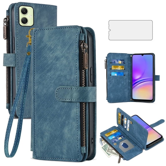 Asuwish Kickstand Hard Shell Wallet Cell Phone Case with Tempered Glass Screen Protector for Samsung Galaxy A05, Blue