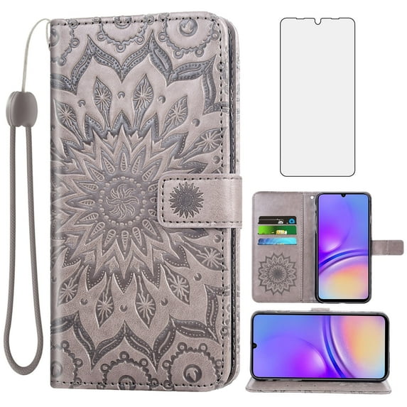 Asuwish Compatible with Samsung Galaxy A05 Wallet Phone Case and Tempered Glass Screen Protector Flip Credit Card Holder Stand Mandala Flower Cell Cover Wrist Strap for Ao5 A 05 Women Men Gray