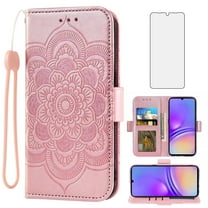 Asuwish Compatible with Samsung Galaxy A05 Wallet Phone Case and Tempered Glass Screen Protector Flip Credit Card Holder Stand Mandala Flower Cell Cover Wrist Strap for Ao5 A 05 Women Men Pink