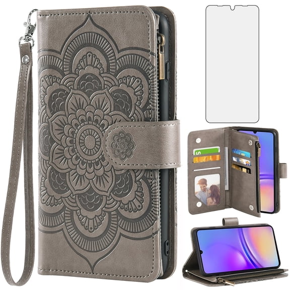 Asuwish Compatible with Samsung Galaxy A05 Wallet Phone Case and Tempered Glass Screen Protector Flower Faux Leather Flip Credit Card Holder Stand Zipper Cell Cover for Ao5 A 05 Women Grey