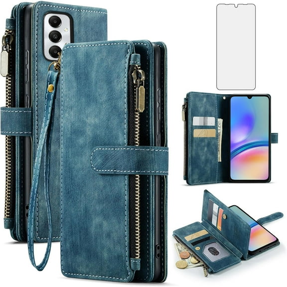 Asuwish Compatible with Samsung Galaxy A05s/A05 Wallet Phone Case and Tempered Glass Screen Protector Faux Leather Flip Credit Card Holder Stand Zipper Cell Cover for Ao5s Ao5 A 05s 05 Women Blue