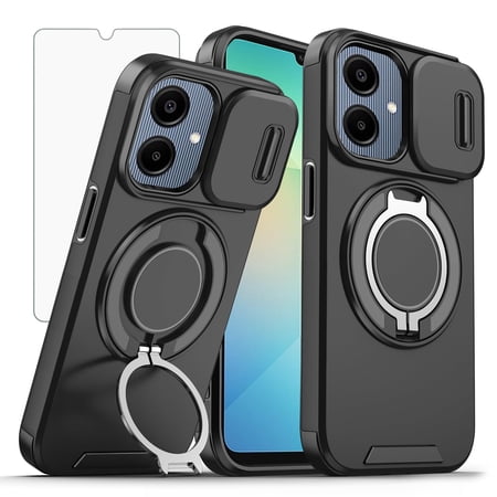 Asuwish Compatible with Samsung Galaxy A06 5G Phone Case Slide Camera Cover Tempered Glass Screen Protector Stand Ring Holder Rugged Slim Cell for Ao6 A 06 4G LTE 06A Women Men Black