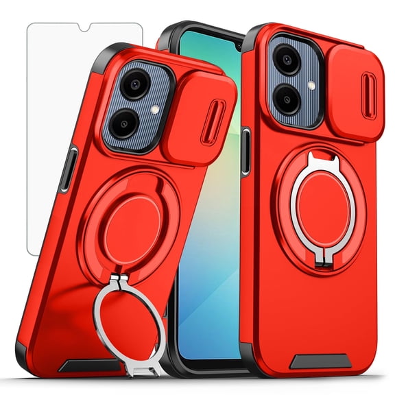 Asuwish Compatible with Samsung Galaxy A06 5G Phone Case Slide Camera Cover Tempered Glass Screen Protector Stand Ring Holder Rugged Slim Cell for Ao6 A 06 4G LTE 06A Women Men Red