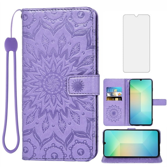 Asuwish Compatible with Samsung Galaxy A06 Wallet Phone Case and Tempered Glass Screen Protector Flip Credit Card Holder Stand Mandala Flower Cell Cover for SAM A06 60A Women Men Purple