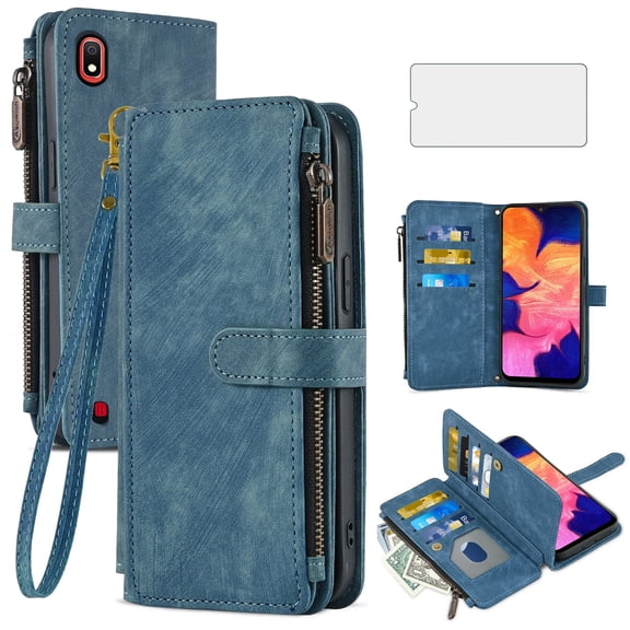 Asuwish Kickstand Hard Shell Wallet Cell Phone Case with Tempered Glass Screen Protector for Samsung Galaxy A10, Blue