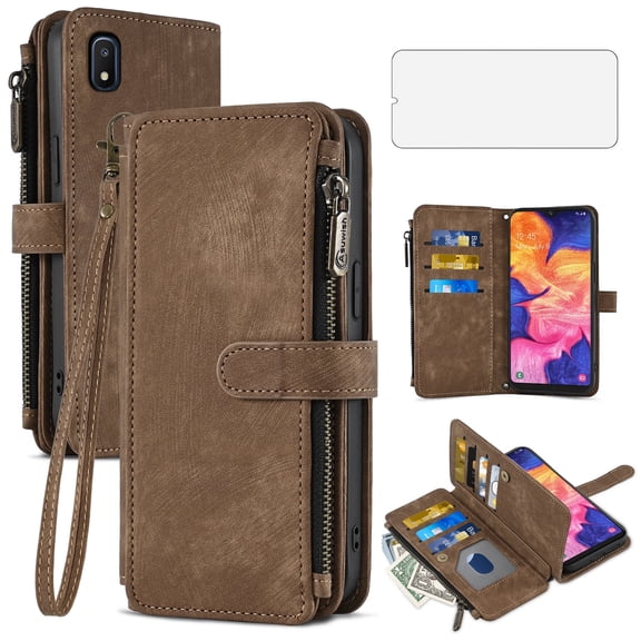 Asuwish Kickstand Hard Shell Wallet Cell Phone Case with Tempered Glass Screen Protector for Samsung Galaxy A10, Brown
