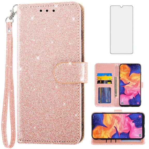 Asuwish Compatible with Samsung Galaxy A10 Wallet Phone Case and Tempered Glass Screen Protector Flip Credit Card Holder Stand Bling Glitter Cell Cover for A 10 10A SM A105M 6.2 inch Women Men Pink