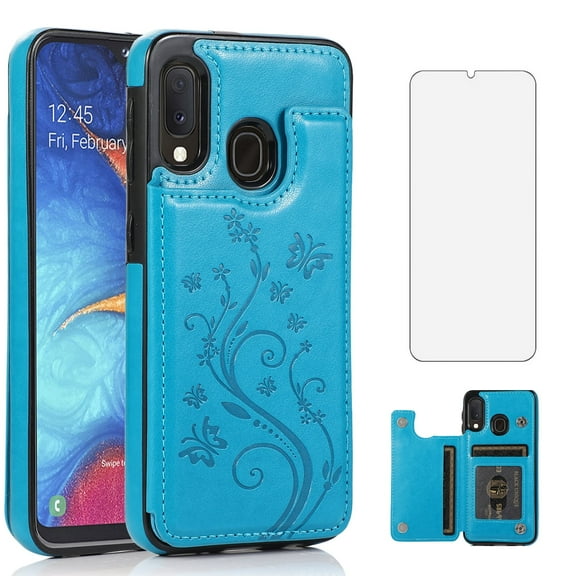 Asuwish Compatible with Samsung Galaxy A10e Wallet Phone Case Tempered Glass Screen Protector and Flower PU Leather Credit Card Holder Stand Slot Flip Cell Cover for A 10e 10ae S102DL Women Men Blue