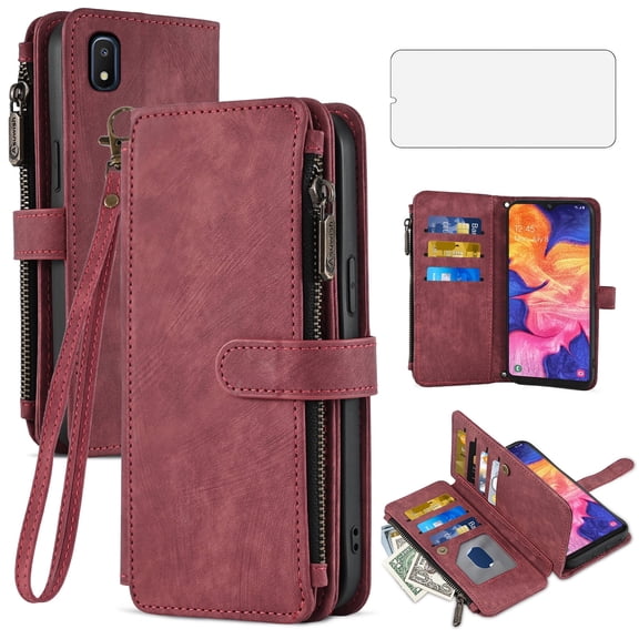 Asuwish Kickstand Hard Shell Wallet Cell Phone Case with Tempered Glass Screen Protector for Samsung Galaxy A10E, Red