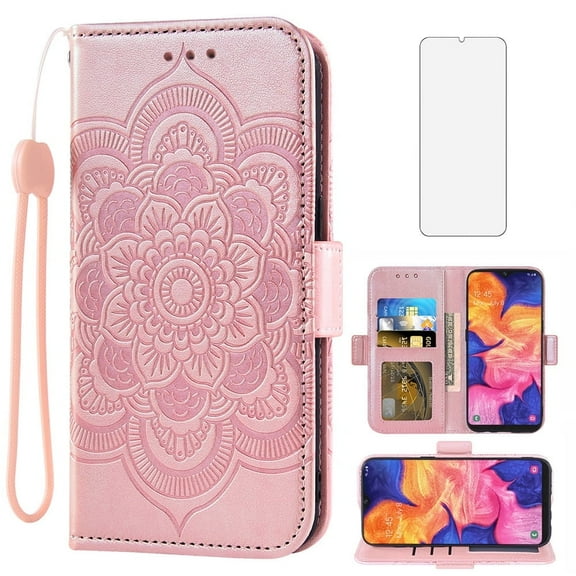 Asuwish Compatible with Samsung Galaxy A10e Wallet Phone Case and Tempered Glass Screen Protector Flip Credit Card Holder Stand Mandala Flower Cell Cover for A 10e 10ae S102DL Women Men Pink