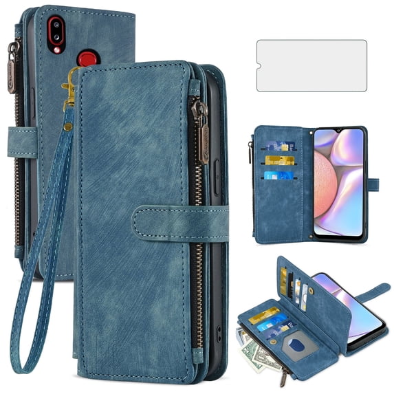 Asuwish Kickstand Hard Shell Wallet Cell Phone Case with Tempered Glass Screen Protector for Samsung Galaxy A10S/A01S/M10S, Blue