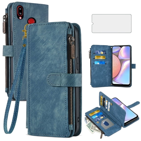 Asuwish Kickstand Hard Shell Wallet Cell Phone Case with Tempered Glass Screen Protector for Samsung Galaxy A10S/A01S/M10S, Blue