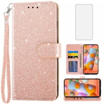 Asuwish Compatible with Samsung Galaxy A11/M11 Wallet Phone Case and Tempered Glass Screen Protector Flip Credit Card Holder Stand Bling Glitter Cell Cover for A 11 11A Women Pink