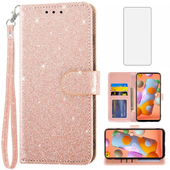 Asuwish Compatible with Samsung Galaxy A11/M11 Wallet Phone Case and Tempered Glass Screen Protector Flip Credit Card Holder Stand Bling Glitter Cell Cover for A 11 11A Women Pink