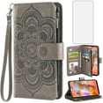 thumbnail image 1 of Asuwish Compatible with Samsung Galaxy A11/M11 Wallet Phone Case and Tempered Glass Screen Protector Flower Faux Leather Flip Credit Card Holder Stand Zipper Cell Cover for A 11 11A Women Grey, 1 of 8