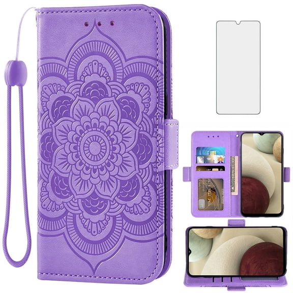 Asuwish Compatible with Samsung Galaxy A12/M12 Wallet Case Lanyard Leather Flip Card Holder Stand Wrist Strap Cell Phone Cover for A 12 5G A-12 S12 12A 4G Women Men Purple
