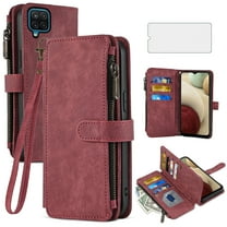Asuwish Compatible with Samsung Galaxy A12/M12 Wallet Phone Case and Tempered Glass Screen Protector Faux Leather Flip Credit Card Holder Stand Zipper Cell Cover for A 12 5G A-12 S12 12A 4G Women Red