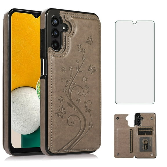 Asuwish Compatible with Samsung Galaxy A13 4G/5G Wallet Phone Case Tempered Glass Screen Protector and Flower PU Leather Credit Card Holder Stand Cell Cover for A04s M13 G5 A 13 LTE 13A 2022 Men Blue