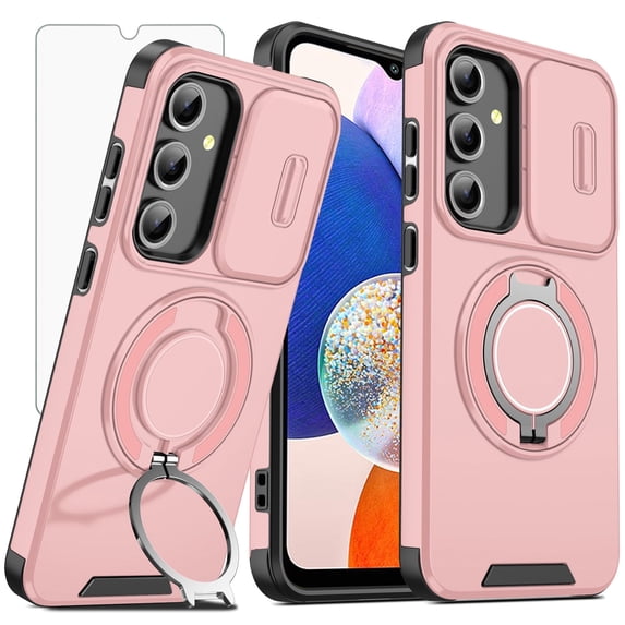 Asuwish Compatible with Samsung Galaxy A14/M14 5G Phone Case Slide Camera Cover Tempered Glass Screen Protector Stand Ring Holder Rugged Slim Cell for A 14 4G 14A 14M G5 Women Men Pink