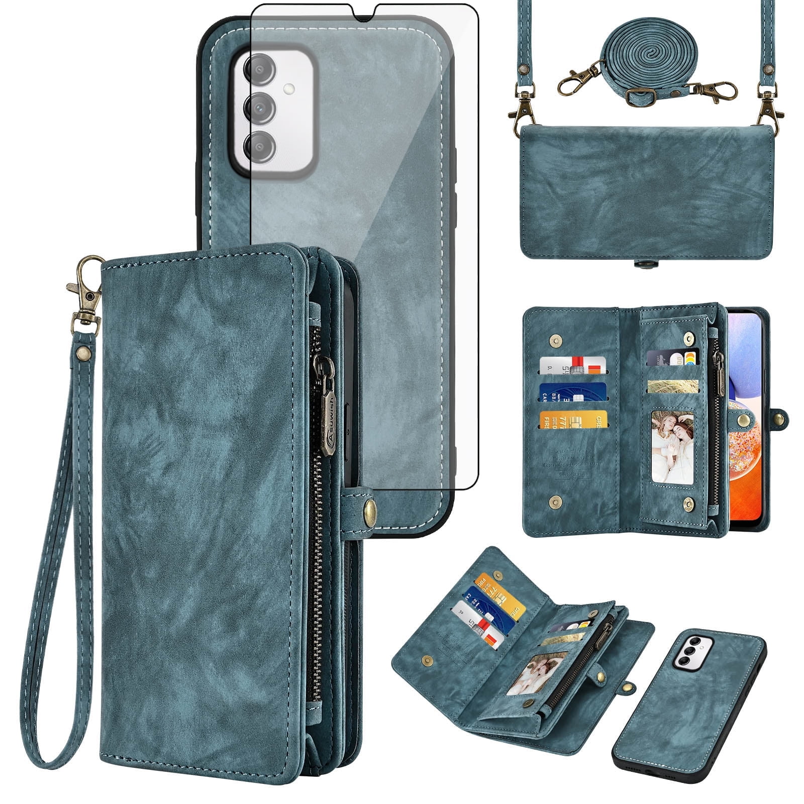 Asuwish Compatible with Samsung Galaxy A14/M14 5G Phone Case Zipper Wallet Detachable Tempered Glass Screen Protector Crossbody Strap Flip Card Holder Cell Cover for A 14 4G 14A 14M G5 Women Men Blue