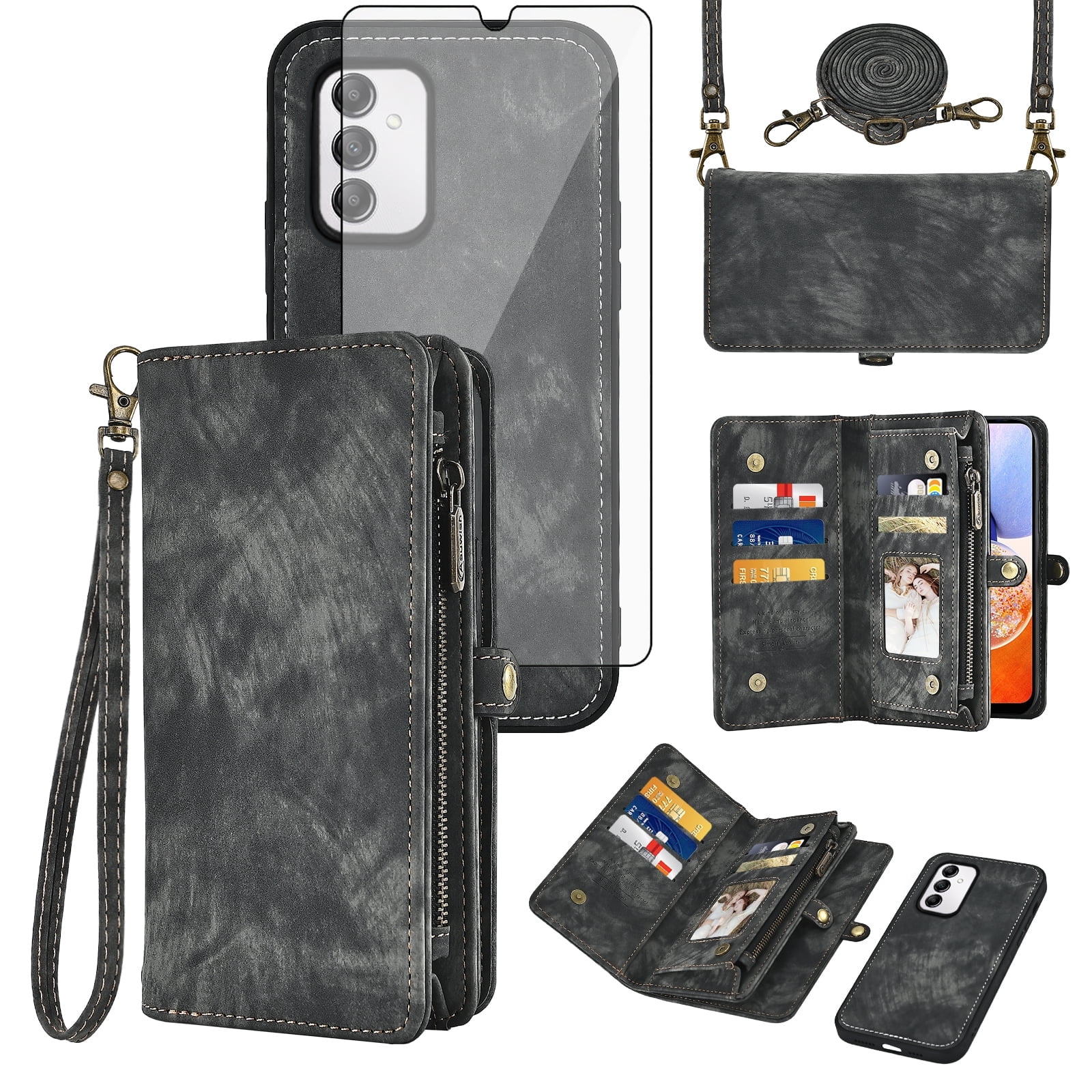 Asuwish Compatible with Samsung Galaxy A14/M14 5G Phone Case Zipper Wallet Detachable Tempered Glass Screen Protector Crossbody Strap Flip Card Holder Cell Cover for A 14 4G 14A 14M G5 Women Black