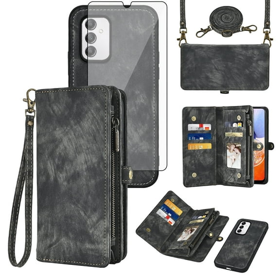 Asuwish Compatible with Samsung Galaxy A14/M14 5G Phone Case Zipper Wallet Detachable Tempered Glass Screen Protector Crossbody Strap Flip Card Holder Cell Cover for A 14 4G 14A 14M G5 Women Black