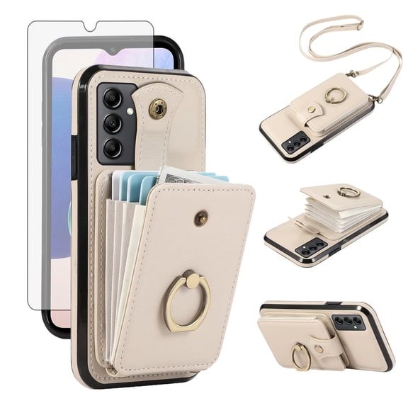 Asuwish Compatible with Samsung Galaxy A14/M14 5G Wallet Phone Case Screen Protector Ring Crossbody Strap Stand Credit Card Holder RFID Cell Cover for A 14 4G 14A 14M G5 Women Girls Beige